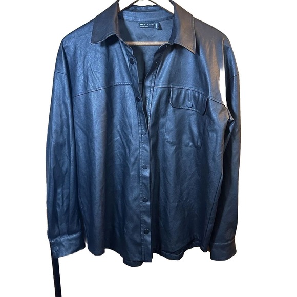 asos Black Faux Leather Polyester Button Down Jacket size 02 - Picture 1 of 8